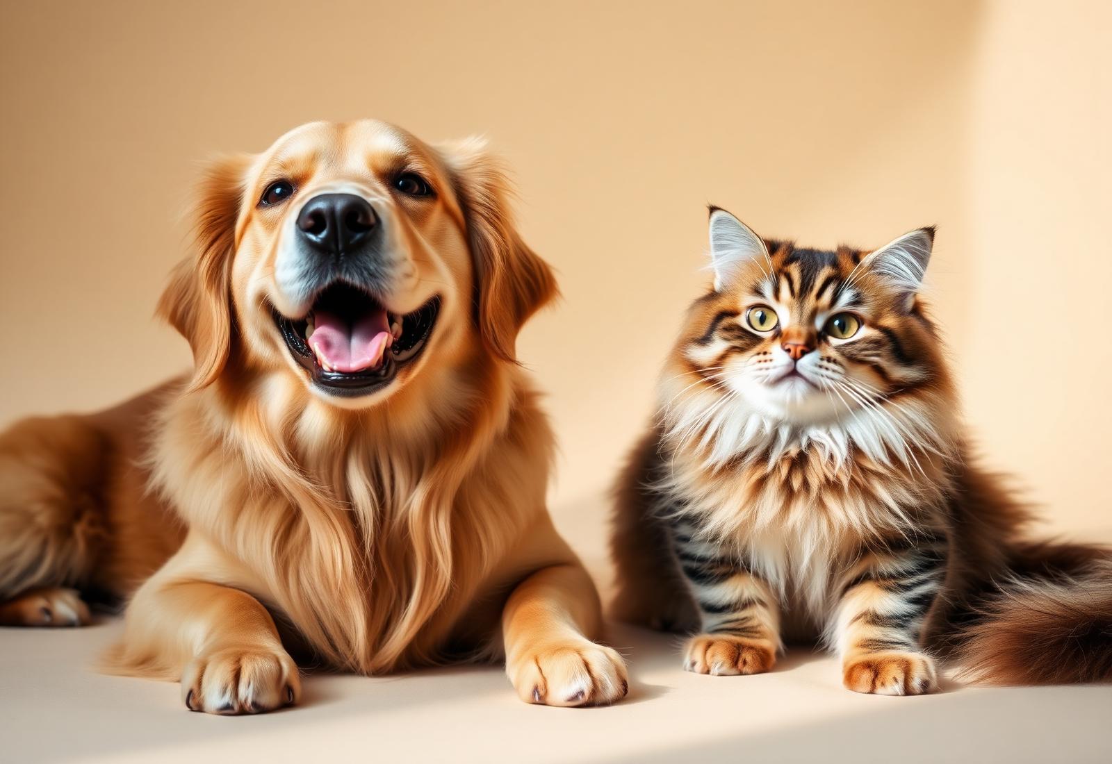 A happy golden retriever and tabby cat sitting side by side
